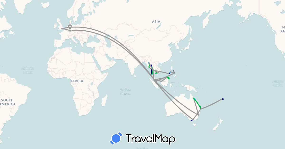 TravelMap itinerary: driving, bus, plane, hiking, boat in Australia, Germany, Fiji, United Kingdom, Cambodia, Myanmar (Burma), Malaysia, Philippines, Singapore, Thailand, Vietnam (Asia, Europe, Oceania)